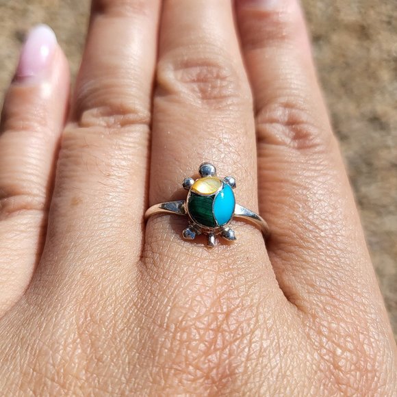 Native American Handmade Mini Turtle Multi Stones Zuni Inlay Ring Turquoise Opal - Picture 1 of 12